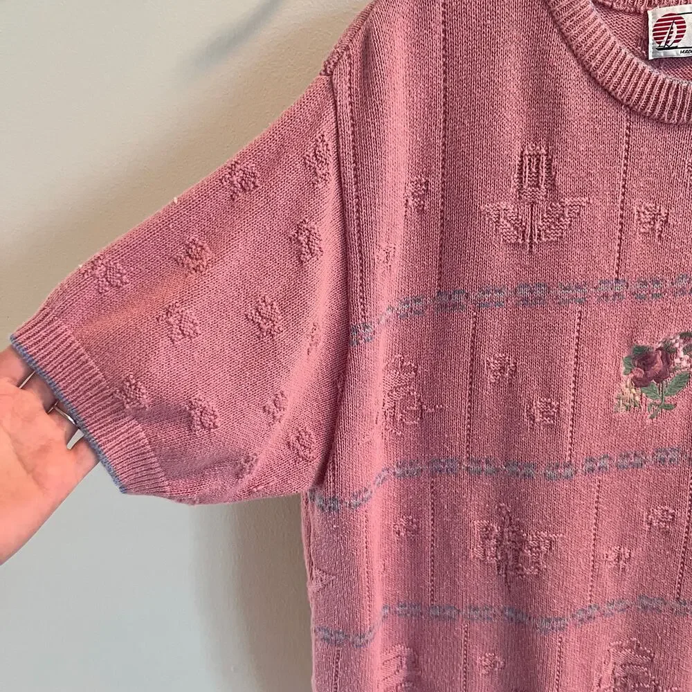 Vtg Isle Of Cotton Pink Short Sleeve Floral Embroidered Sweater Size XL